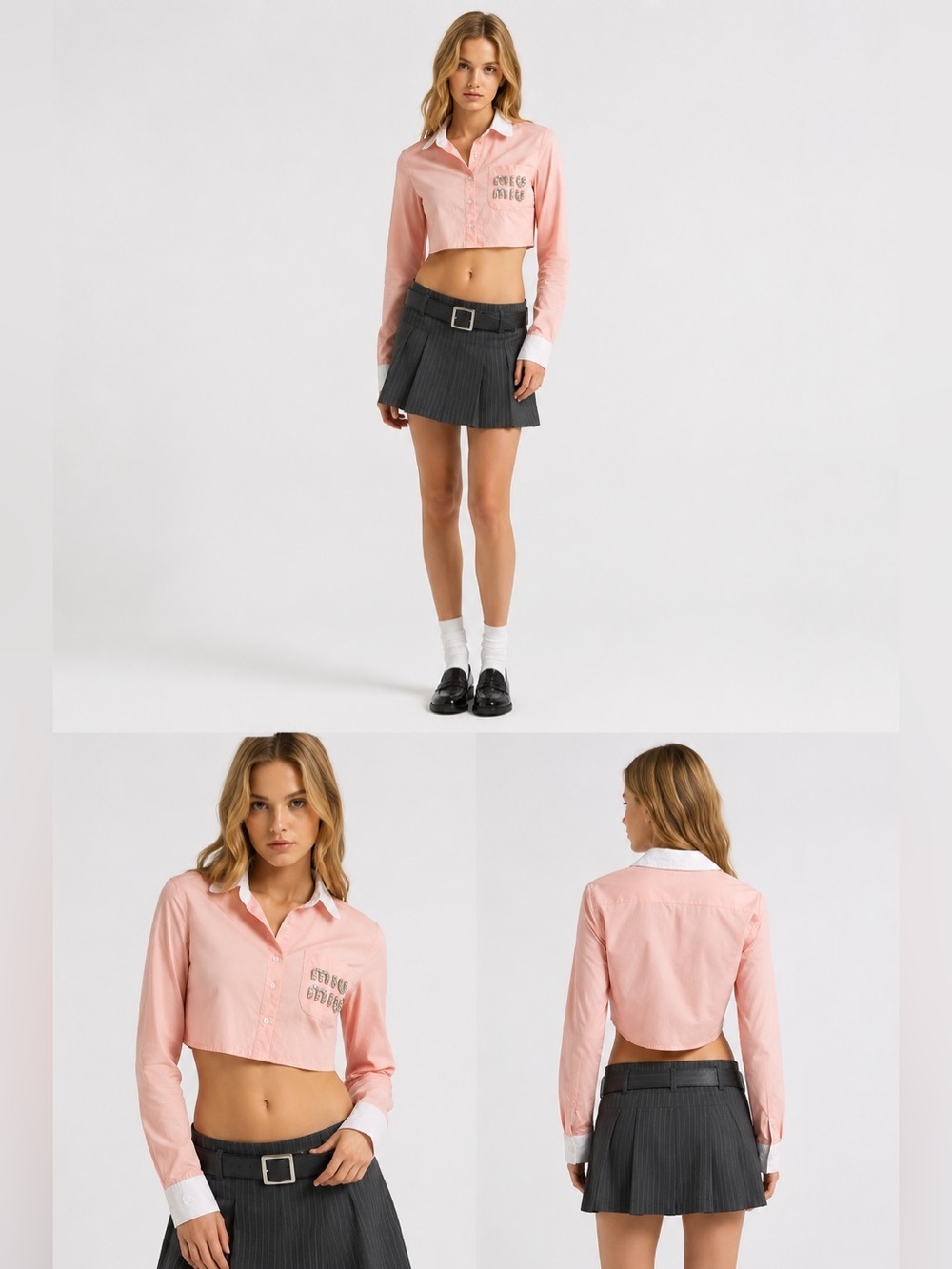 Pink Cropped Button Up Shirt White Contrast Collar Rhinestone Logo Pocket S Y2K